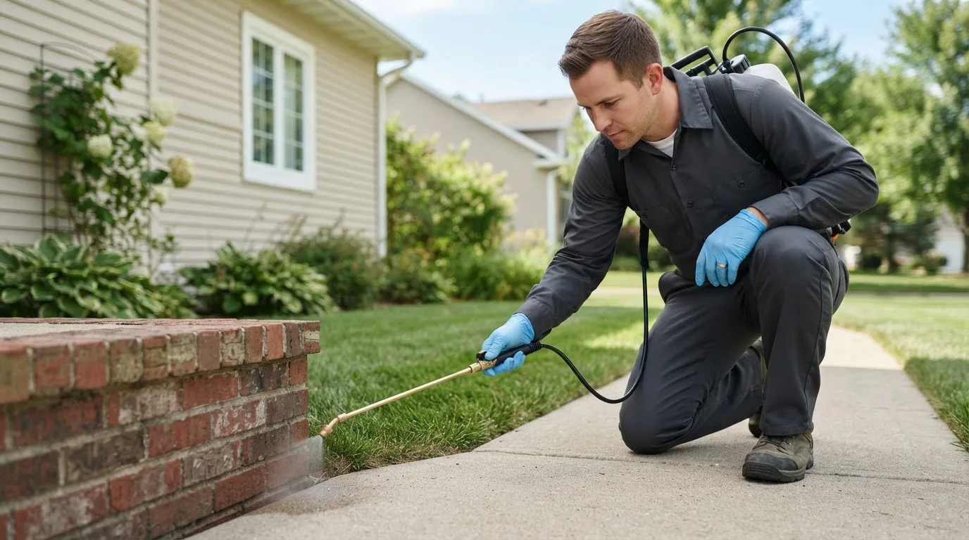 Pest control technician treating a home near Carrollton, OH